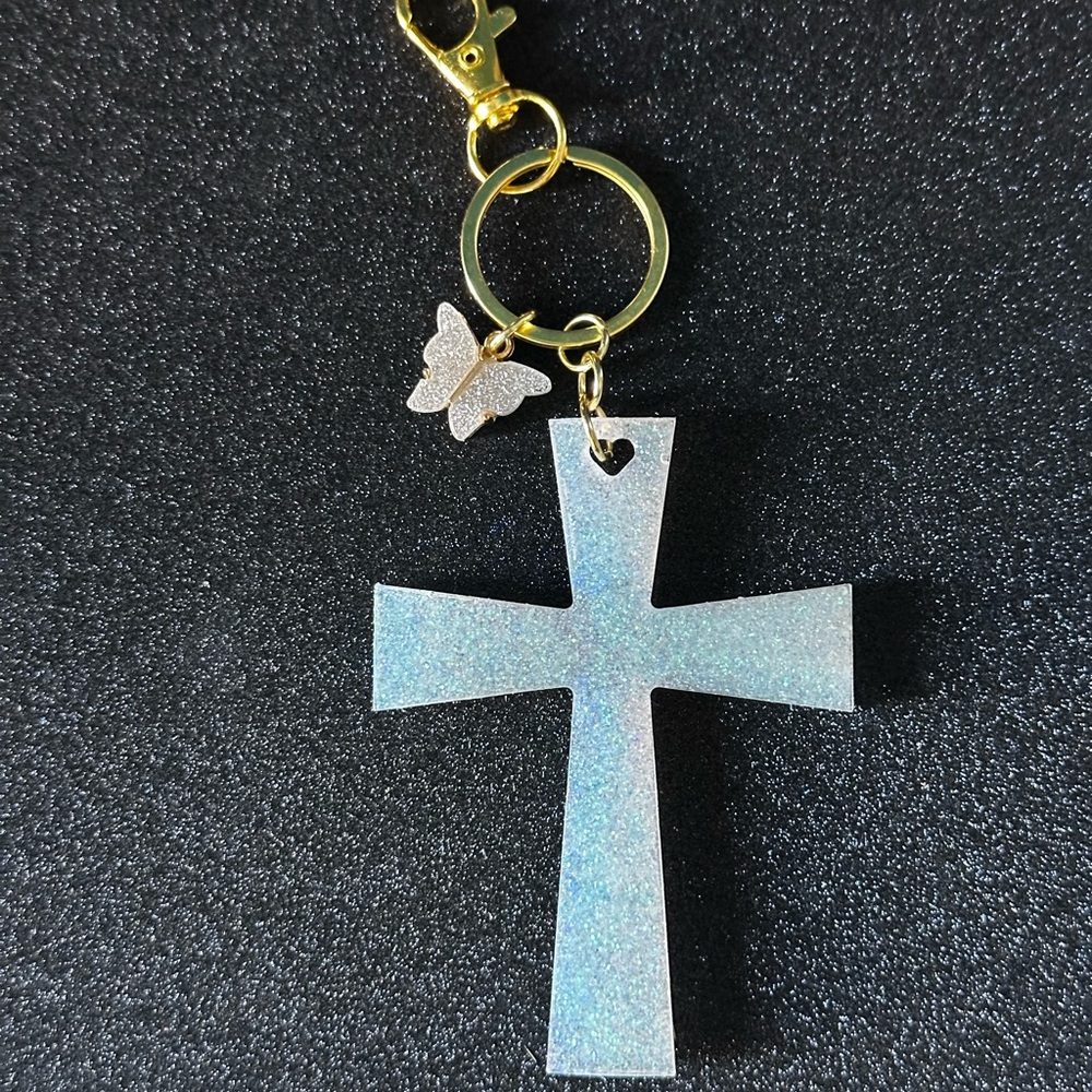 Handmade Cross, Faith White Resin Keychain with Butterfly Charm